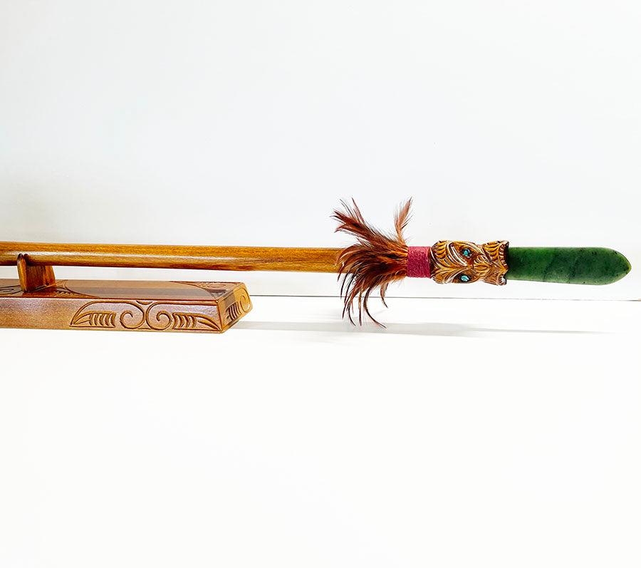 Full Size Taiaha with Greenstone Tongue (Stand Optional) - Image 6