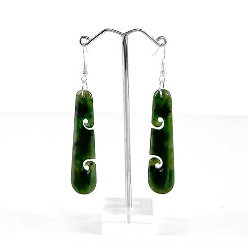 5cm Genuine NZ Greenstone Drop Earrings with Two Cutout Koru - Image 2