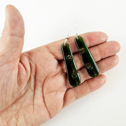 5cm Genuine NZ Greenstone Drop Earrings with Two Cutout Koru - Image 3