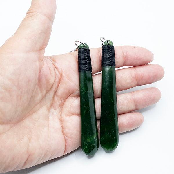 9cm Long Genuine NZ Greenstone Earrings with Binding - Image 2