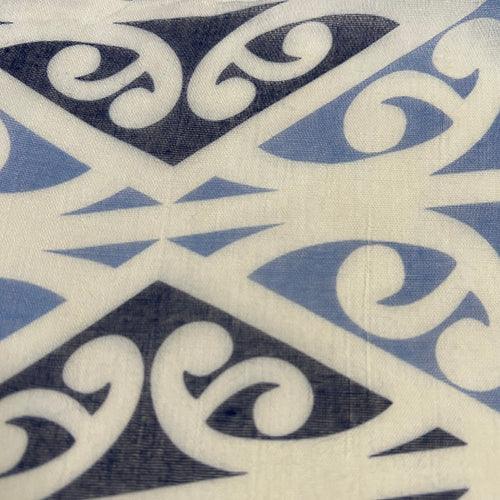 Beautiful Maori Kowhaiwhai Scarf in Sky Blue and Navy - Image 2