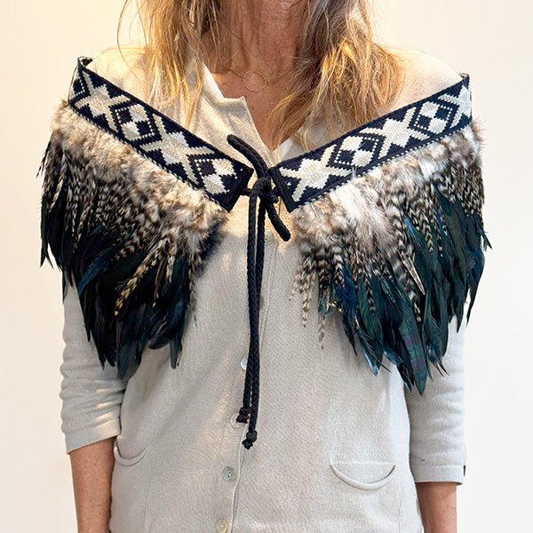 Beautiful Navy and Striped Short Maori Korowai - Image 2