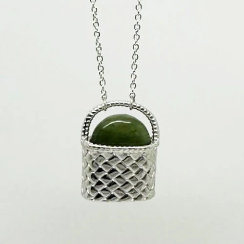 Beautiful Sterling Silver Maori Kete Bag Necklace with Pounamu Greenstone
