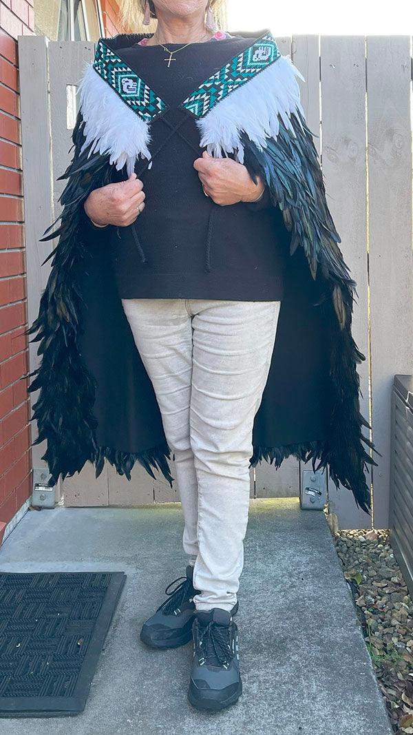 Black Maori Korowai Feather Cloak with Emerald Taniko - Image 2