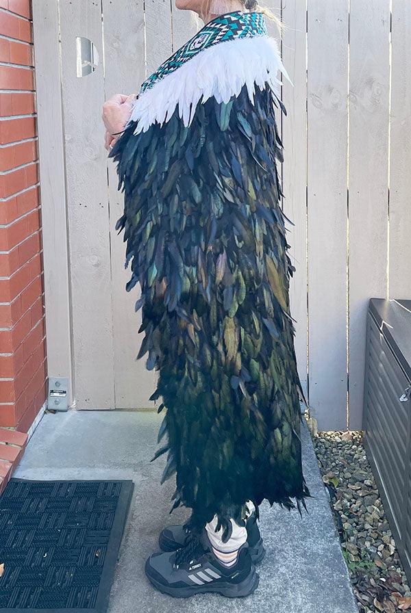 Black Maori Korowai Feather Cloak with Emerald Taniko - Image 3