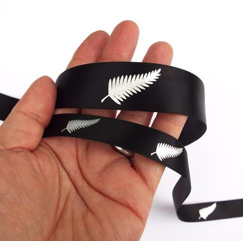 Black Satin Silver Fern Ribbon 25mm wide - Image 2