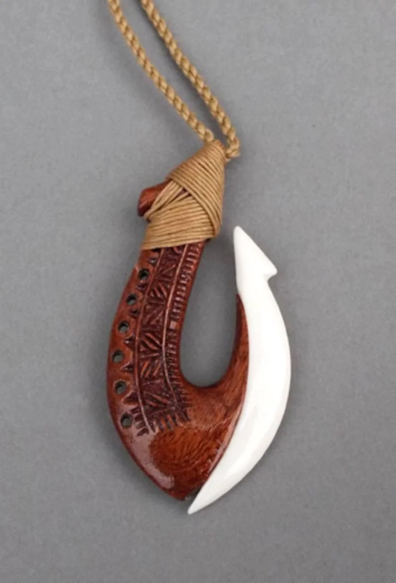 Bone and Wood Hook Necklace with Polynesian Carving - Image 2