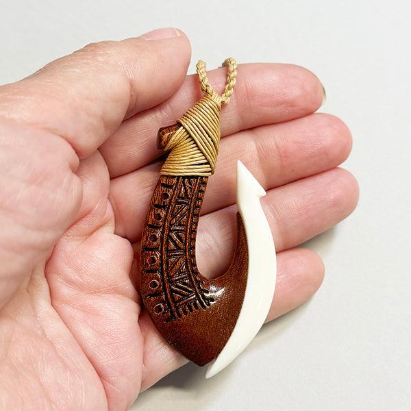 Bone and Wood Hook Necklace with Polynesian Carving - Image 3