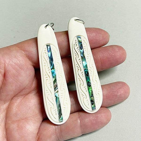 Bone Drop Earrings with Maori Koru Carving and Paua Strip - Image 2