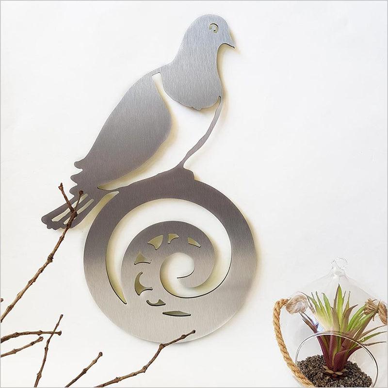 Brushed Copper Kereru Wood Pigeon on Koru Wall Art - Image 2