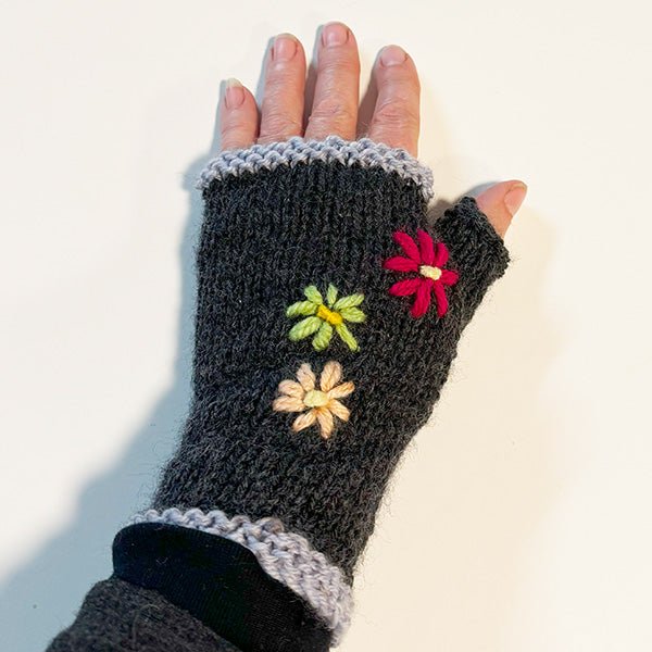 Charcoal Wool Fingerless Gloves with Pretty Embroidery - Image 2