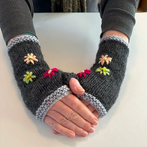 Charcoal Wool Fingerless Gloves with Pretty Embroidery - Image 3