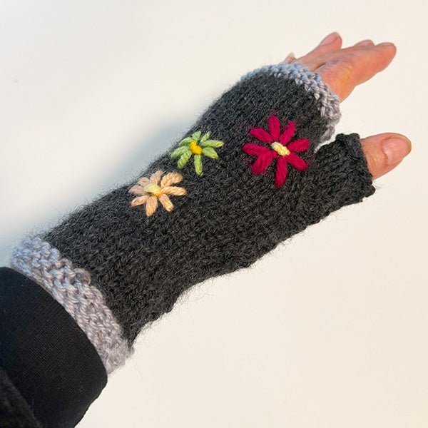 Charcoal Wool Fingerless Gloves with Pretty Embroidery - Image 4