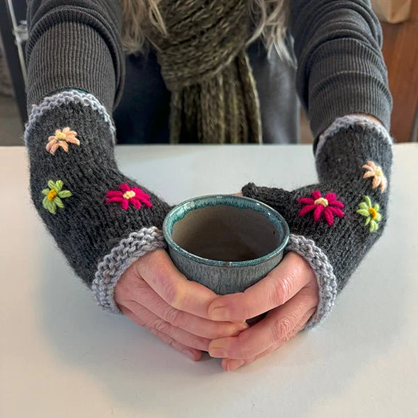 Charcoal Wool Fingerless Gloves with Pretty Embroidery - Image 5