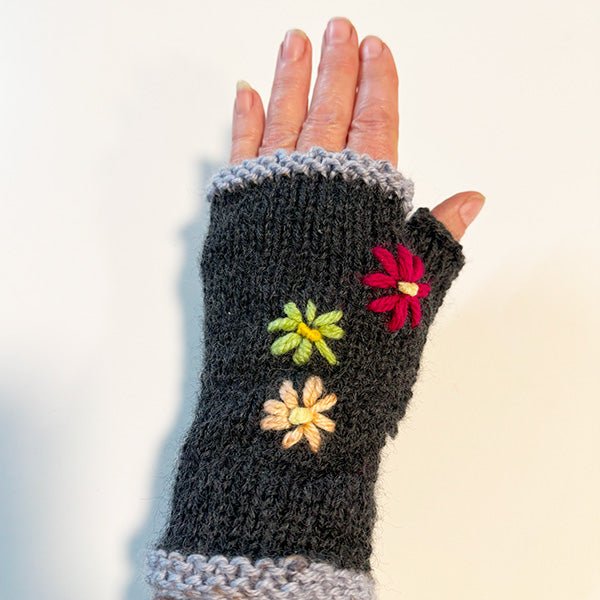Charcoal Wool Fingerless Gloves with Pretty Embroidery - Image 6