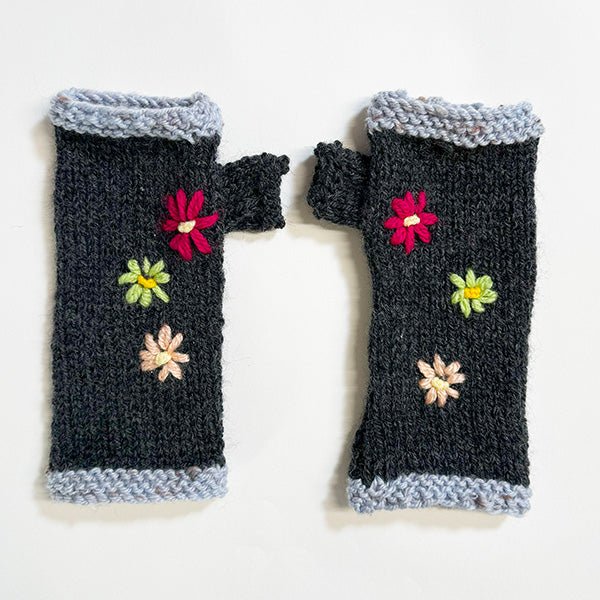 Charcoal Wool Fingerless Gloves with Pretty Embroidery - Image 7