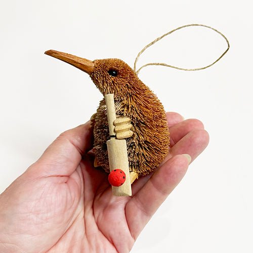 Cute Brush Kiwi Bird Xmas Ornament with Cricket Bat and Ball - Image 3