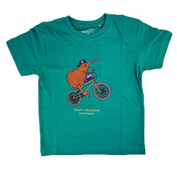 Cute NZ Kiwi Bird on BMX Bike Kids T-shirt
