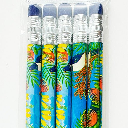Cute Set of 5 Pencils with Native NZ Birds and Flowers Design - Image 3