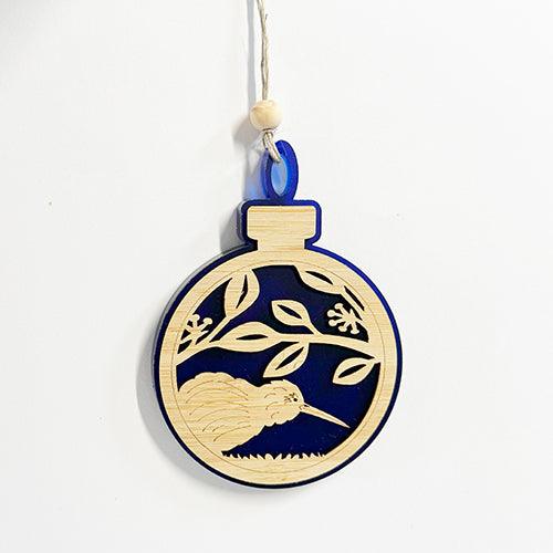 Dark Blue NZ Made Kiwi and Pohutukawa Xmas Ornament - Image 2