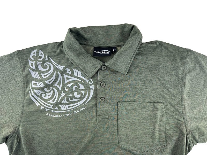 Dri-Fit Mens Aotearoa NZ Polo Shirt with Maori Shoulder Tattoo - Image 2