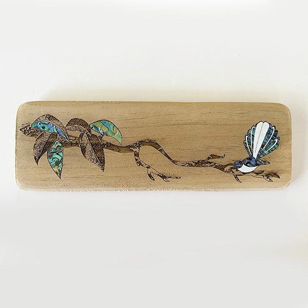 Recycled Wood Paua Fantail on Branch - Image 3
