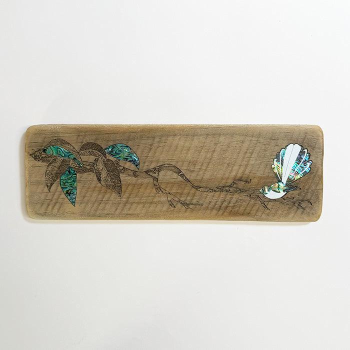 Recycled Wood Paua Fantail on Branch - Image 4