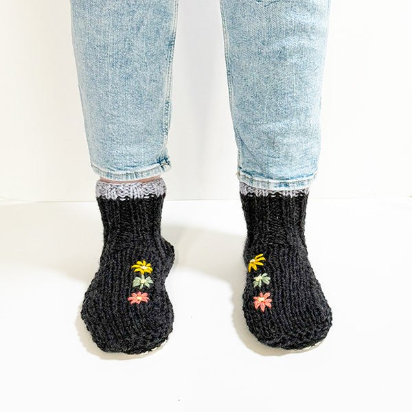 Embroidered Charcoal Wool and Sheepskin Fleece Slipper Socks - Image 2