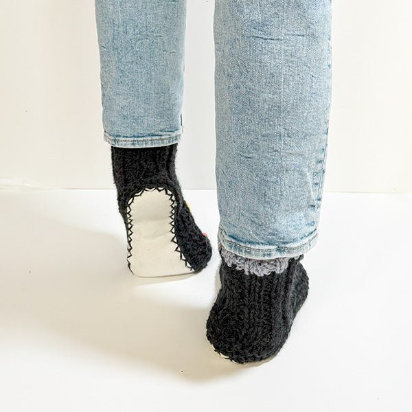 Embroidered Charcoal Wool and Sheepskin Fleece Slipper Socks - Image 3
