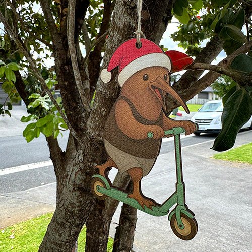 Fun Kiwi Santa on a Scooter Christmas Ornament - Image 2
