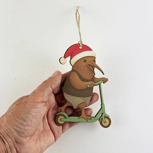 Fun Kiwi Santa on a Scooter Christmas Ornament - Image 3
