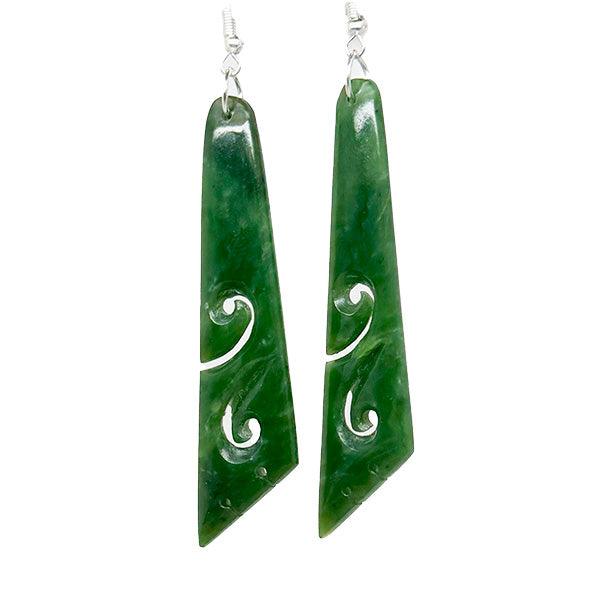 Genuine NZ Greenstone 7cm Earrings with Koru and Notching
