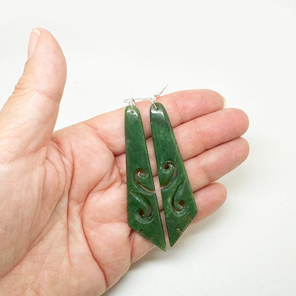 Genuine NZ Greenstone 7cm Earrings with Koru and Notching - Image 2