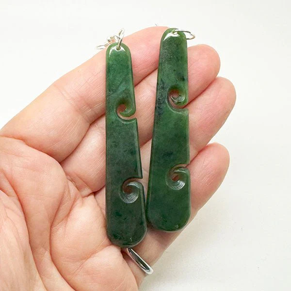 Genuine NZ Greenstone Drop Earrings with Cutout Koru - Image 2