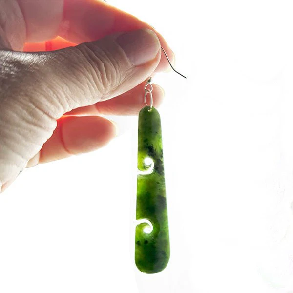 Genuine NZ Greenstone Drop Earrings with Cutout Koru - Image 3