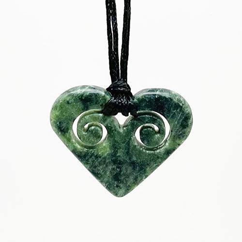 Genuine NZ Greenstone Heart Necklace with Two Inner Koru