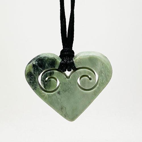 Genuine NZ Greenstone Heart Necklace with Two Inner Koru - Image 2