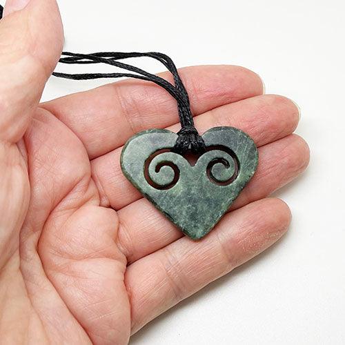 Genuine NZ Greenstone Heart Necklace with Two Inner Koru - Image 3