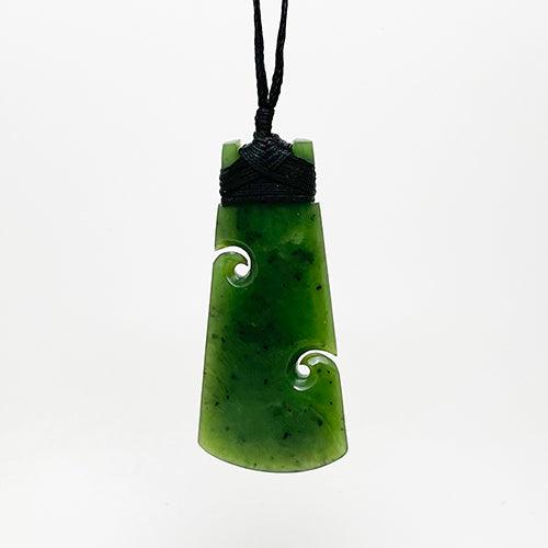 Genuine NZ Greenstone Toki Necklace with Koru and Carving - Image 2