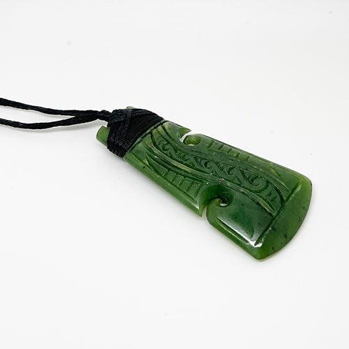 Genuine NZ Greenstone Toki Necklace with Koru and Carving - Image 3