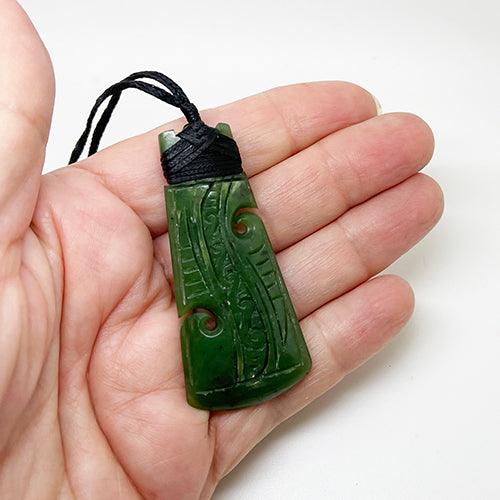 Genuine NZ Greenstone Toki Necklace with Koru and Carving - Image 5