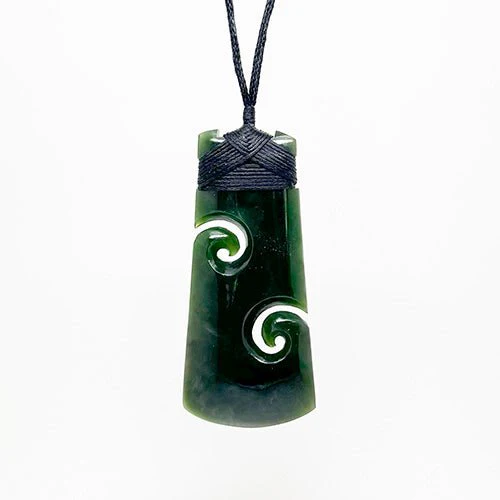 Genuine NZ Greenstone Toki Necklace with Two Cutout Koru