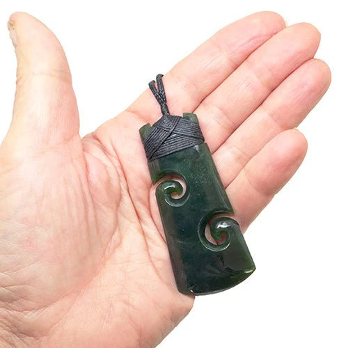 Genuine NZ Greenstone Toki Necklace with Two Cutout Koru - Image 2