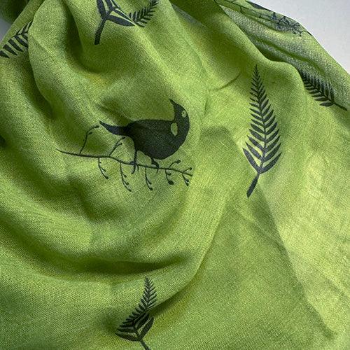 Gorgeous Grass Green NZ Silver Fern and Tui Bird Scarf - Image 2