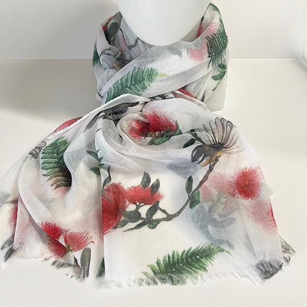 Gorgeous NZ Scarf Celebrating Pohutukawa Ferns and Fantails - Image 2