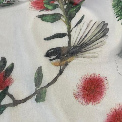 Gorgeous NZ Scarf Celebrating Pohutukawa Ferns and Fantails - Image 3