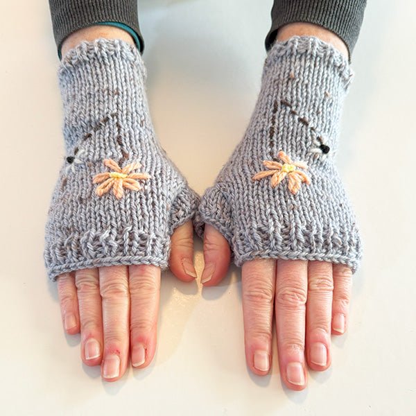 Handmade Grey Wool Fingerless Gloves with Pretty Flower Embroidery - Image 2