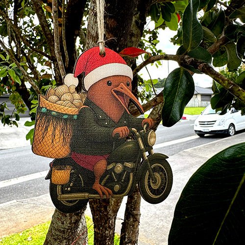 Iconic NZ Santa Kiwi Biker with Pipi Kete Christmas Ornament - Image 2