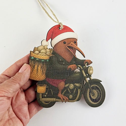 Iconic NZ Santa Kiwi Biker with Pipi Kete Christmas Ornament - Image 3