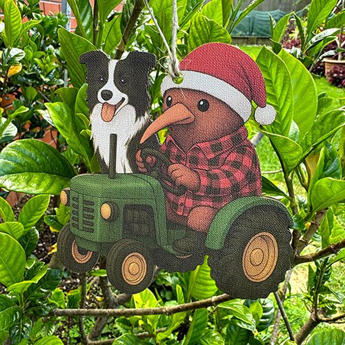 Kiwiana NZ Santa Kiwi on Tractor with his Dog Christmas Ornament - Image 2